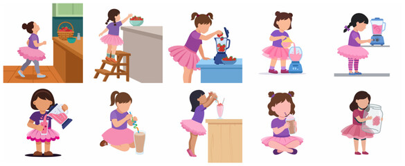 Fototapeta premium Cute Little Girl Making and Drinking Strawberry Smoothie Illustration Set