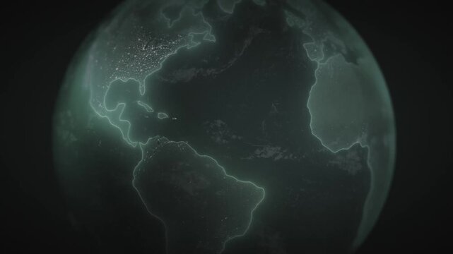 Earth at night with glowing lights representing cities and continents. The view is from space, showing the vastness of our planet