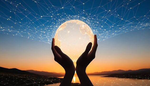 Hands holding a glowing digital globe with network connections against a sunset landscape