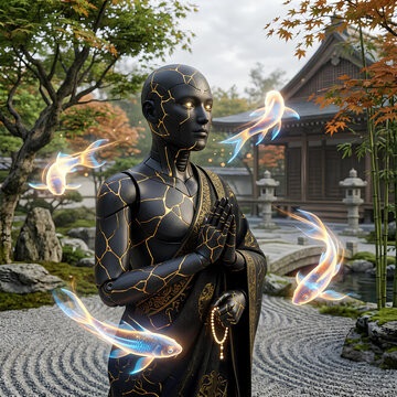 Futuristic Monk Statue with Glowing Koi Fish in Zen Garden
