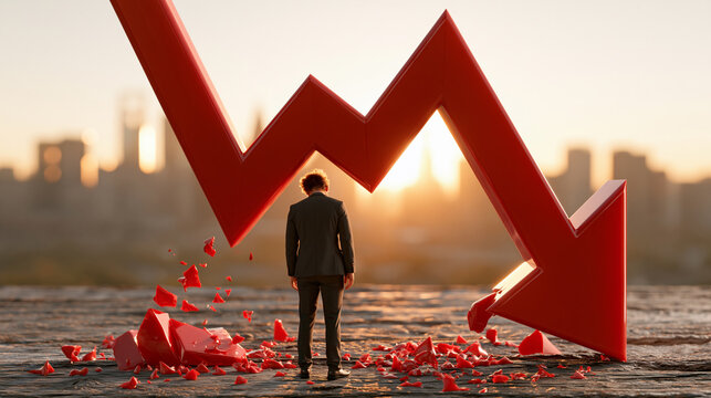 Red Economic Decline Arrow With Business Figure at Sunset