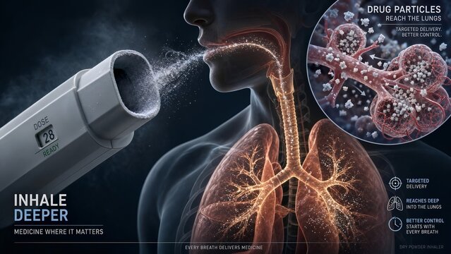 Dry powder inhaler mouthpiece with a zoomed inset showing medication particles traveling through airways to reach the lungs visible in the background