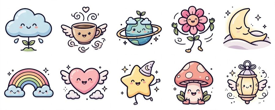 Kawaii Elements Collection: A delightful assortment of cute, cartoon-style illustrations featuring anthropomorphic cloud, coffee cup, planet, flower, moon, rainbow, heart, star, mushroom, and lantern.