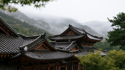 Fototapeta premium Picturesque Traditional East Asian Temple Rooftops Surrounded by Green Trees and Misty Mountain Slopes