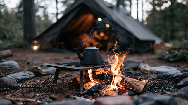 Peaceful Wilderness Campsite with Fire Kettle and Evening Light