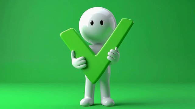 Friendly 3D Character Holding a Large Green Check Mark - Positive Choice Concept