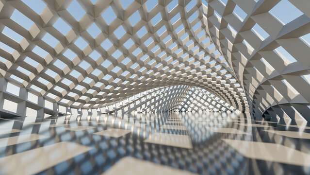 Modern 3D geometric pavilion interior with curved lattice roof structure. Ideal for architecture firm landing pages, tech presentation covers, futuristic backgrounds, and web banners
