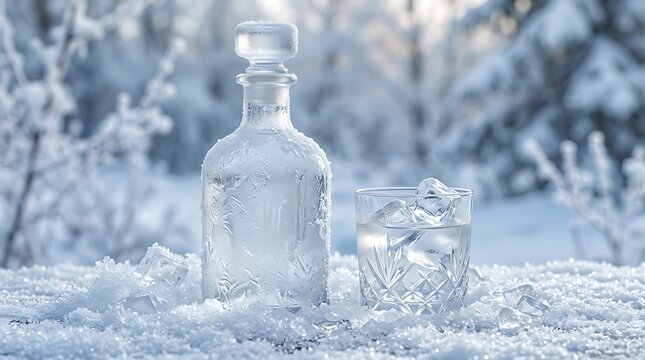 Frosted vodka decanter and crystal glass with ice on snow outdoors in winter scenery