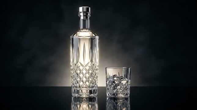 Premium cut glass vodka bottle and matching crystal tumbler filled with ice on counter