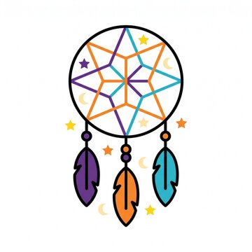 A colorful, minimalist dreamcatcher vector featuring geometric web patterns, vibrant hanging feathers, stars, and moon accents on a clean white background.
