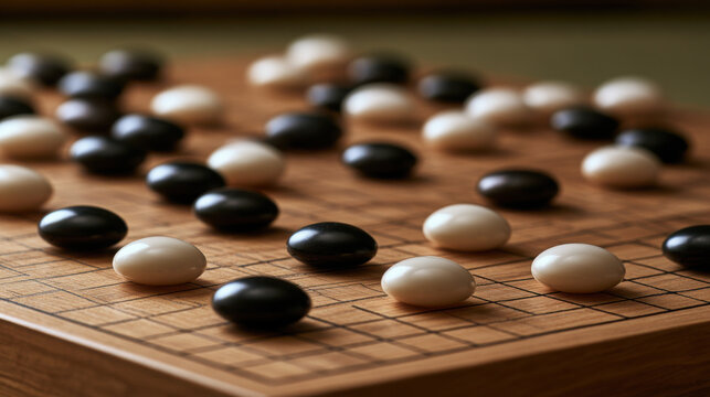 Close-up of black and white Go stones on a wooden board grid in black and white  