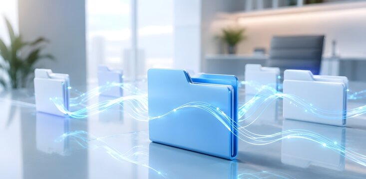 Digital file organization and fast data transfer concept with glowing folders connected by light streams in a modern corporate office