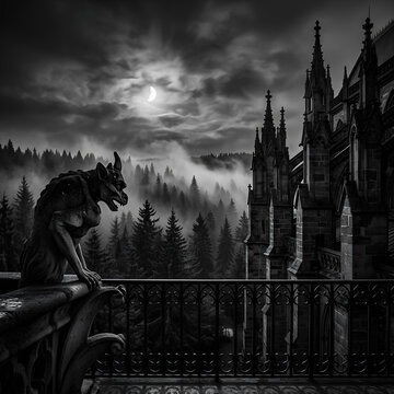 Gargoyle perched on gothic balcony overlooking foggy forest and crescent moon at night