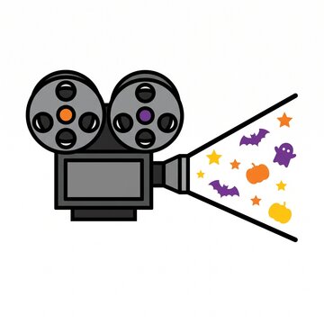 A vintage movie projector shines a light filled with colorful Halloween shapes including bats, ghosts, pumpkins, and stars.