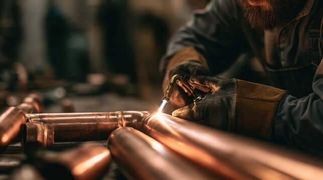 Worker soldering copper pipe joints in workshop with gloves&mdash;skilled trade  
