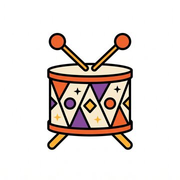 Colorful Halloween toy drum vector icon decorated with geometric patterns and stars, featuring drumsticks on a clean white background.