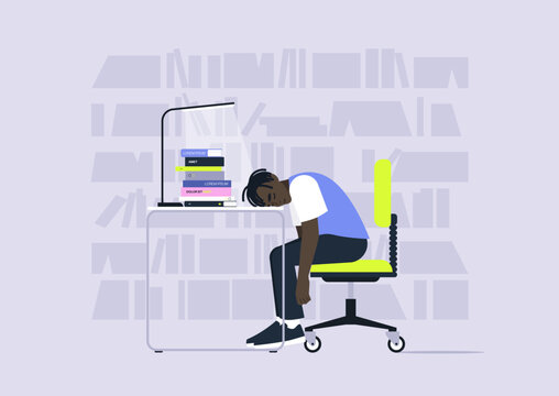 A library student sits in a chair with their head resting on a desk piled high with books, The background shows shelves filled with more study material, hinting at a busy semester.