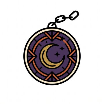 A mystical circular medallion featuring a golden crescent moon and sparkly stars set against a purple backdrop, attached to a small chain.