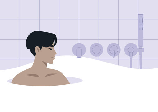 A young character enjoys a serene bath surrounded by elegant, modern fixtures and soft, fluffy bubbles, The atmosphere radiates calmness in a chic bathroom setting.