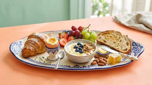 Continental breakfast platter featuring a buttery croissant, soft-boiled egg, fresh yogurt bowl, fruits, and honeycomb.