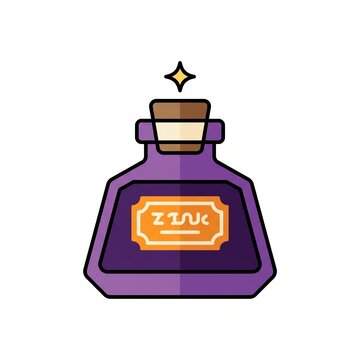 Mystical purple potion bottle sealed with a cork stopper, featuring a magical label and a shining sparkle star on a plain background.