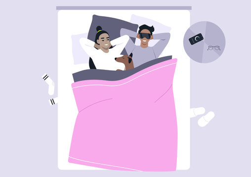 A couple lies comfortably in bed, surrounded by soft blankets, sharing joyful moments with their furry friend, Sunlight gently fills the cozy space, creating a warm atmosphere