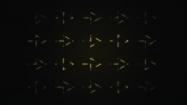Futuristic Digital Grid of Glowing Golden Abstract HUD Icons with Flickering Glitch