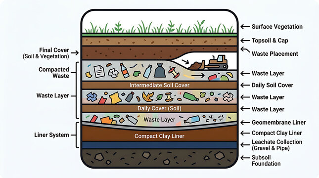 Diagram of a landfill cross-section showing layers of waste, soil cover, and liner systems