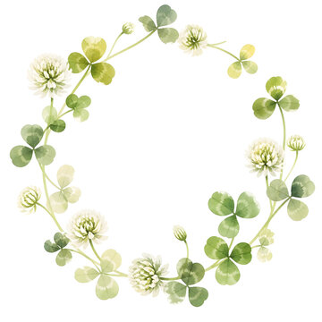A circular wreath of white clover, its round trefoil leaves and small pompom flower heads