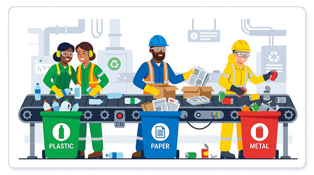 Recycling plant workers sorting waste materials on a conveyor belt into plastic, paper, and metal bins