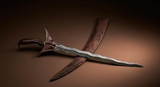 An ornate wavy blade with a carved wooden handle rests atop its wooden scabbard