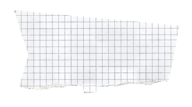 Torn graph paper scrap on white background. Ripped grid notebook page piece. Textured white squared paper fragment for collage and notes.