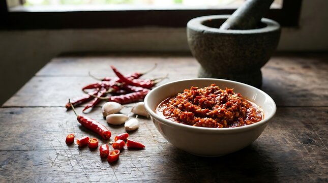 Spicy thai chili paste in a white bowl with red chili peppers on a rustic dark wooden table. sambal oelek