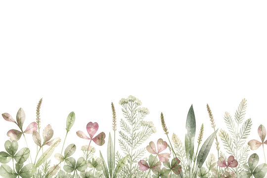 A straight horizontal bottom band of wild sorrel, yarrow foliage and slender plantain