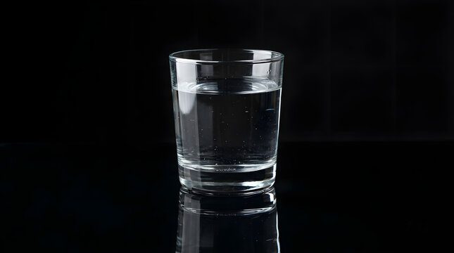 Glass of clear water on black background, refreshing drink in a transparent tumbler.