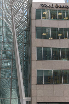 detail of Allen Lambert Galleria (designed by Calatrava) and exterior building facade and sign of CIBC Wood Gundy at 181 Bay St (Brookfield Place Branch), Toronto