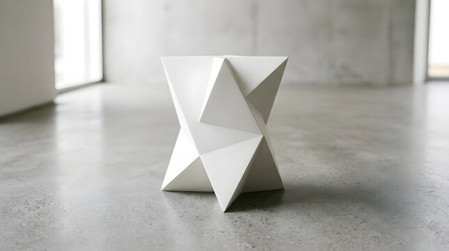 Modern white geometric side table in a minimalist concrete interior room
