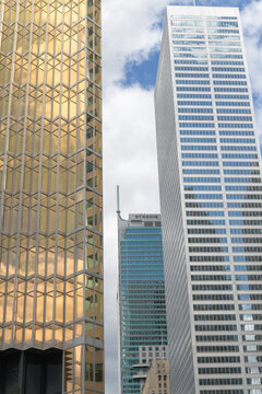 contrast of office towers in downtown Toronto: (l) Royal Bank Plaza South, WZMH Architects, (c) The St Regis, Zeidler Partnership Architects, 2012; and (r) Commerce Court West, IM Pei & Partners, 1972
