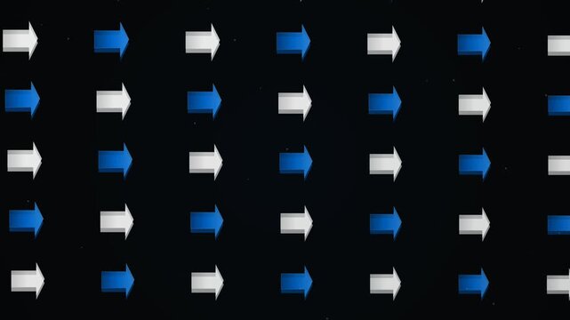 Seamless abstract loop of blue and white arrows on black background