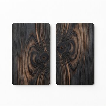 Rustic charred wood cutting boards, dark Shou Sugi Ban timber planks, two black wooden serving trays on white background