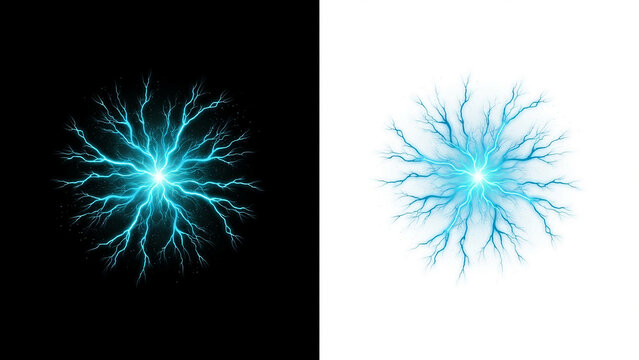 Glowing blue electric lightning discharge sphere isolated on black and white backgrounds