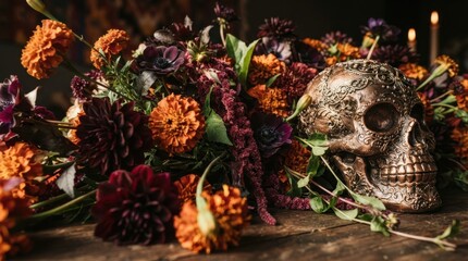 Fototapeta premium Day of the Dead Altar: A richly decorated altar for Dia de los Muertos, featuring a metallic skull centerpiece surrounded by vibrant marigolds and dark dahlia flowers.