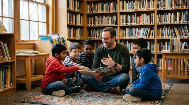 Adult reading book to group of children in library