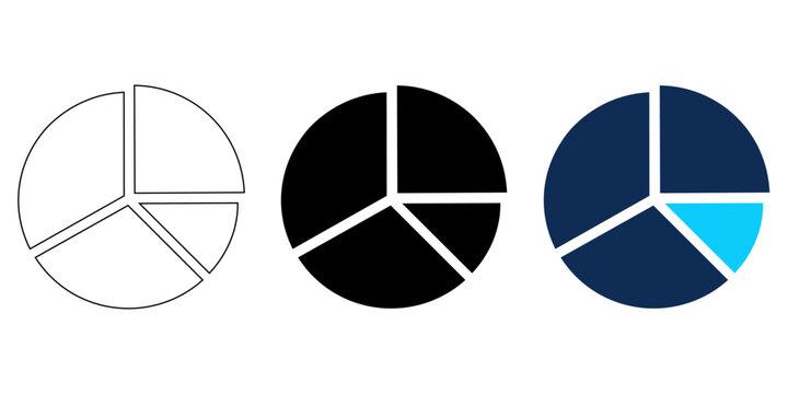 Set of three pie charts with different styles vector illustration, editable stroke