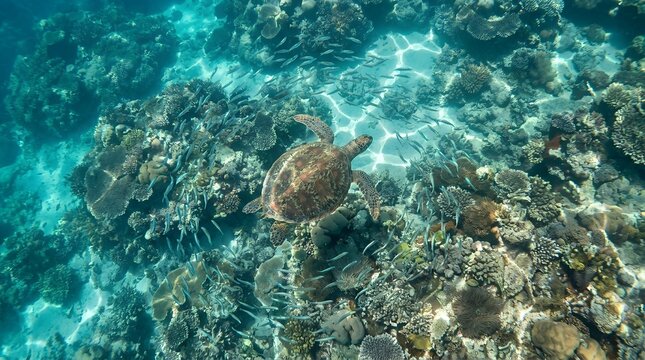 A green sea turtle swims above a vibrant coral reef ecosystem in blue water