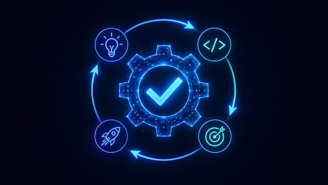 Software development lifecycle concept with glowing blue gear checkmark and continuous integration workflow icons