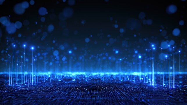 Futuristic digital landscape with glowing blue particles and light trails