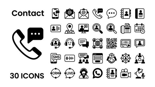 Contact Icons Collection: A comprehensive set of 30 diverse icons representing various modes of communication and contact methods, ideal for web and app design projects.
