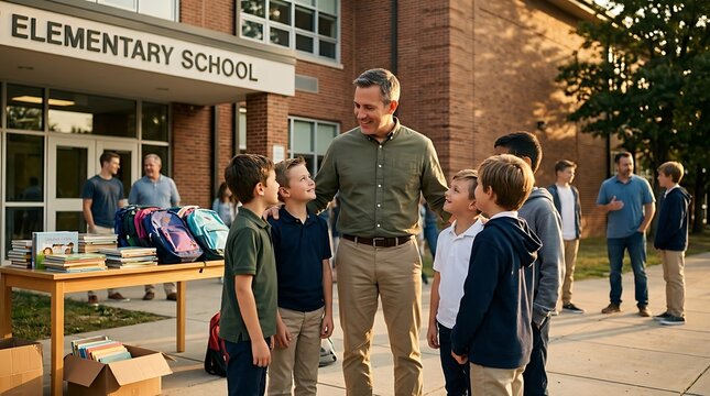 Male teacher talking with young boys outside elementary school