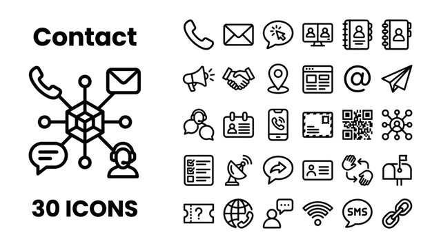 Contact Icons Set: A comprehensive collection of 30 flat outline icons representing various communication and contact methods, including phone, email, chat, and social media symbols.